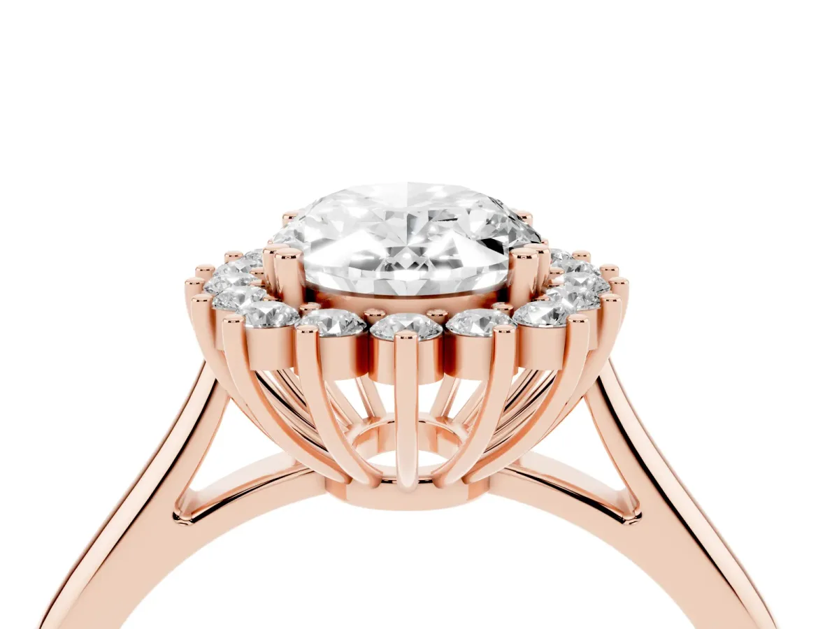 Oval Cut Cut Diamond Halo Ring with Solitaire Band and Prong Setting Rose gold