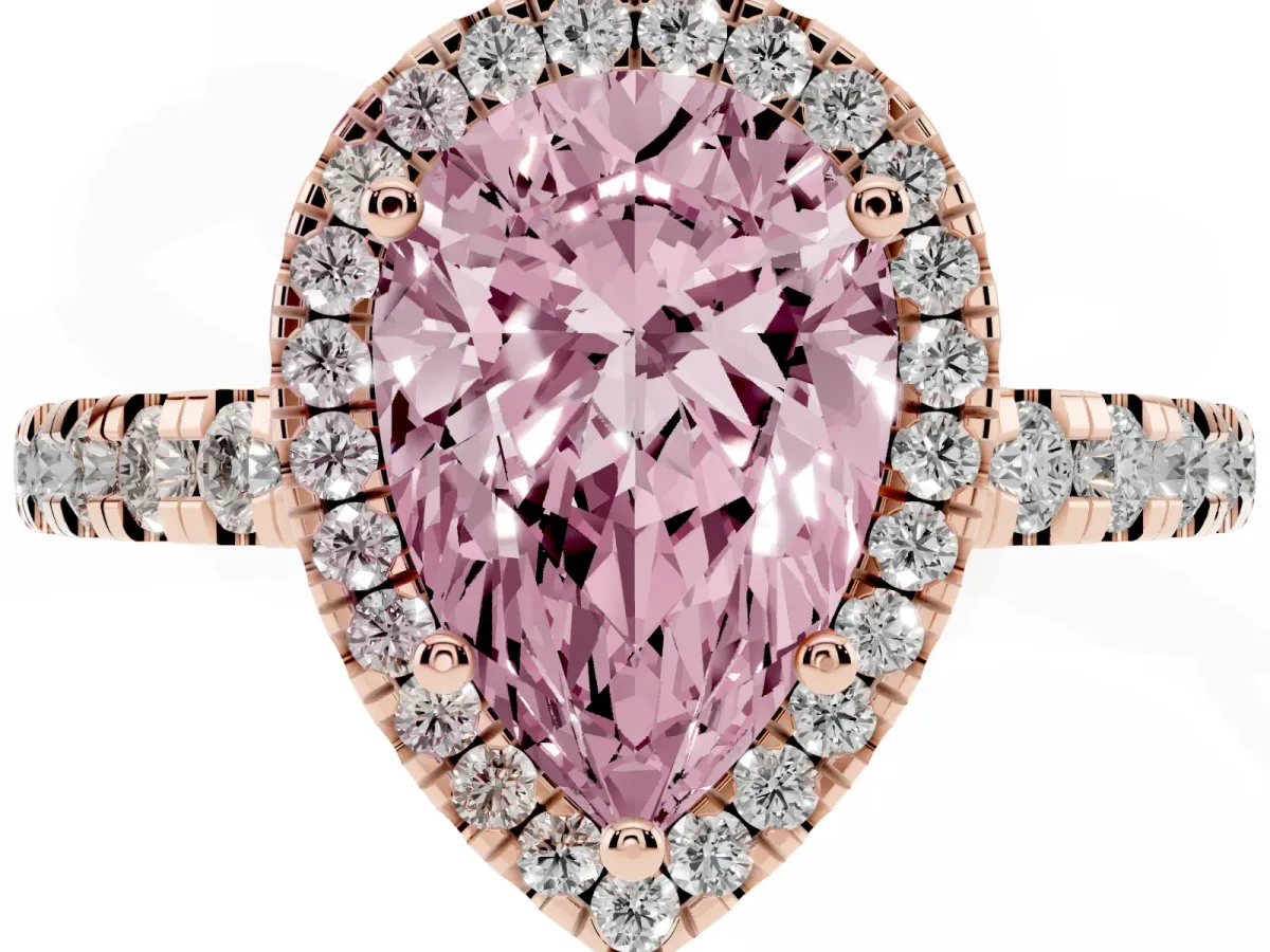 Fancy Pink Pear Cut Diamond Halo Ring with Pavé Band and Four-Prong Setting Rose gold