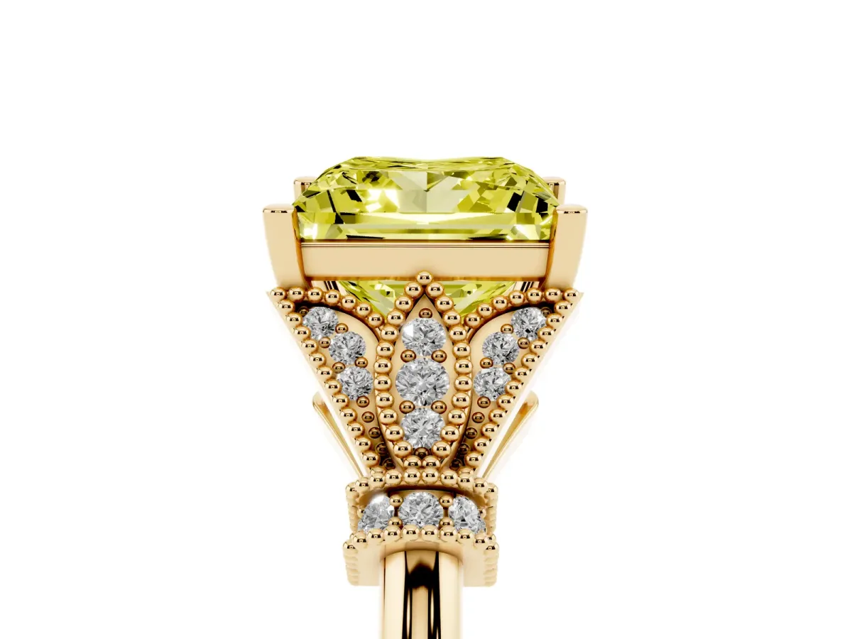 Fancy Yellow Princess Cut Diamond Solitaire Ring with Floral Filigree and Pave Accents Yellow gold