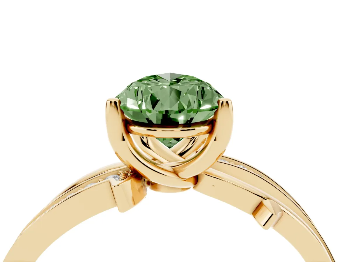 Fancy Green Pear Cut Solitaire Twist Band with Pavé Accents and Four-Prong Setting Yellow gold