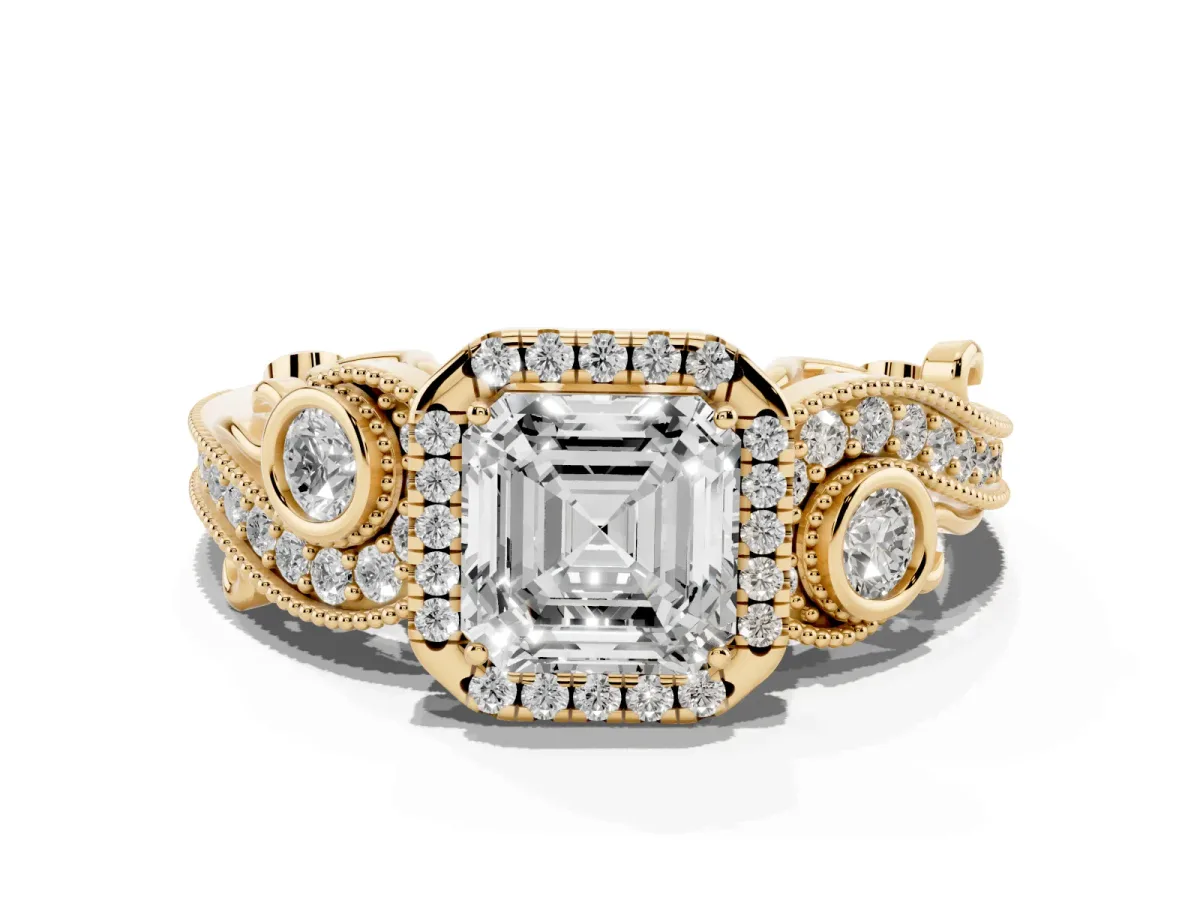 Asscher Cut Halo Diamond Ring with Milgrain and Bezel Accents on a Split Shank Band Yellow gold