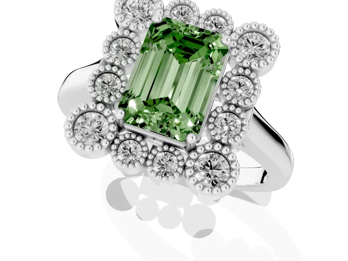 Fancy Green Emerald Cut Halo Diamond Cluster Engagement Ring with Milgrain Bezel Setting and Solitaire Band Platinum