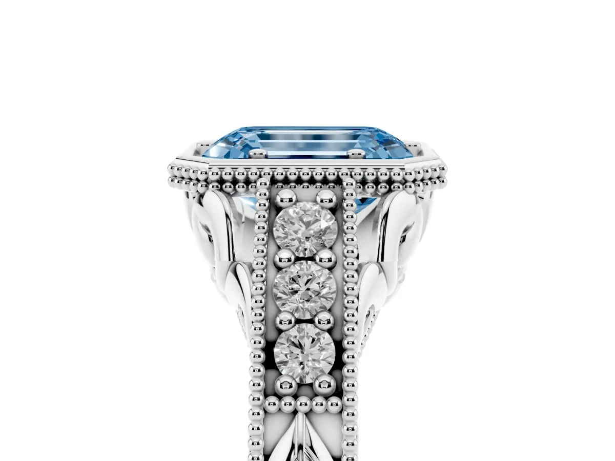 Fancy Blue Bezel Set Emerald Cut Diamond Milgrain Pave Engagement Ring Platinum