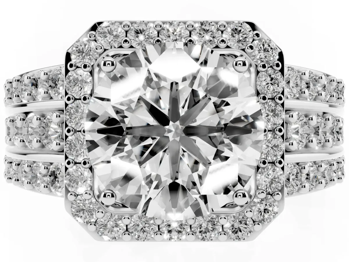Round Cut Halo Diamond Ring with Round Split Shank and Prong Setting Silver