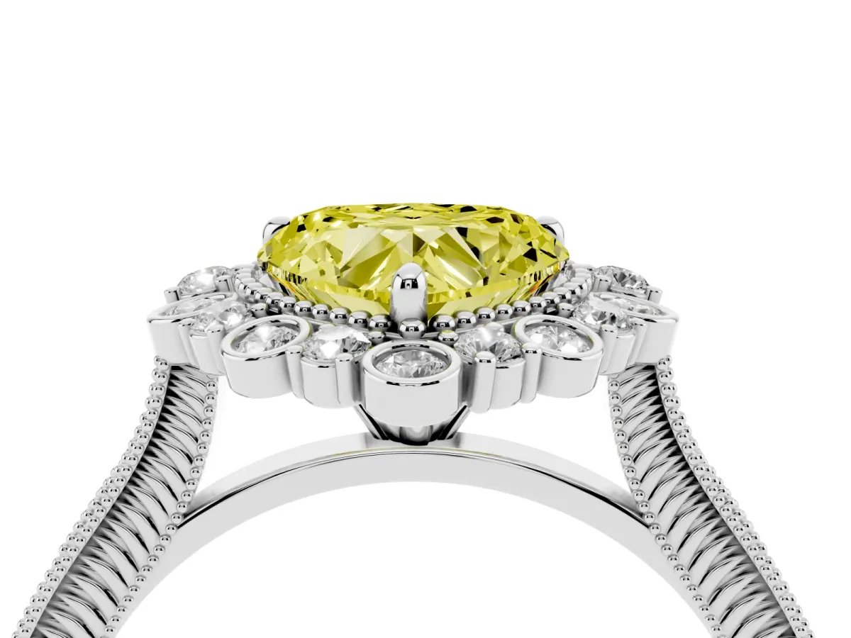 Fancy Yellow Heart Cut Halo Milgrain Pave Diamond Ring with Four-Prong Setting Silver