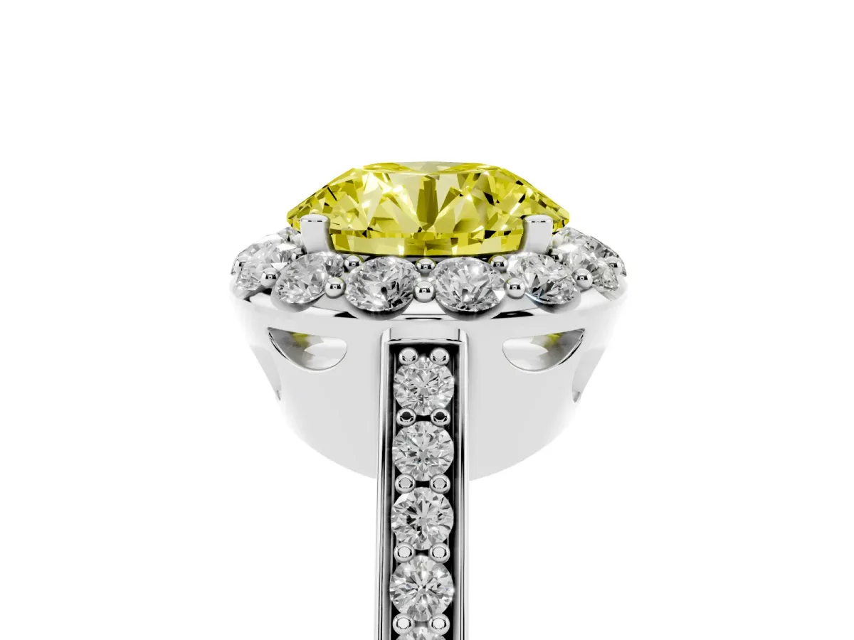 Fancy Yellow Round Cut Diamond Floral Halo Ring with Pavé Band and Prong Setting White gold