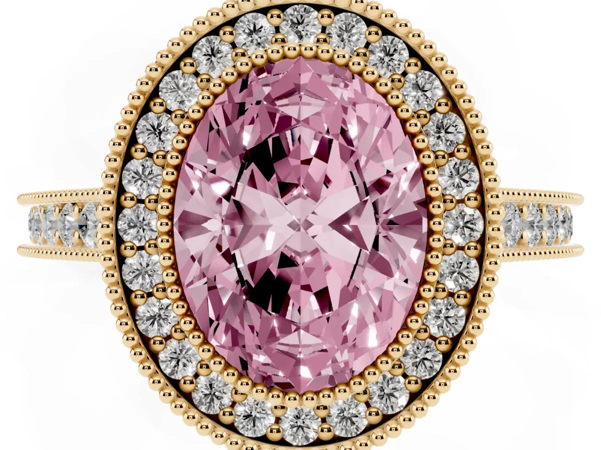 Fancy Pink Halo Oval Cut-Cut Diamond Pave Band Milgrain Prong Setting Ring Yellow gold