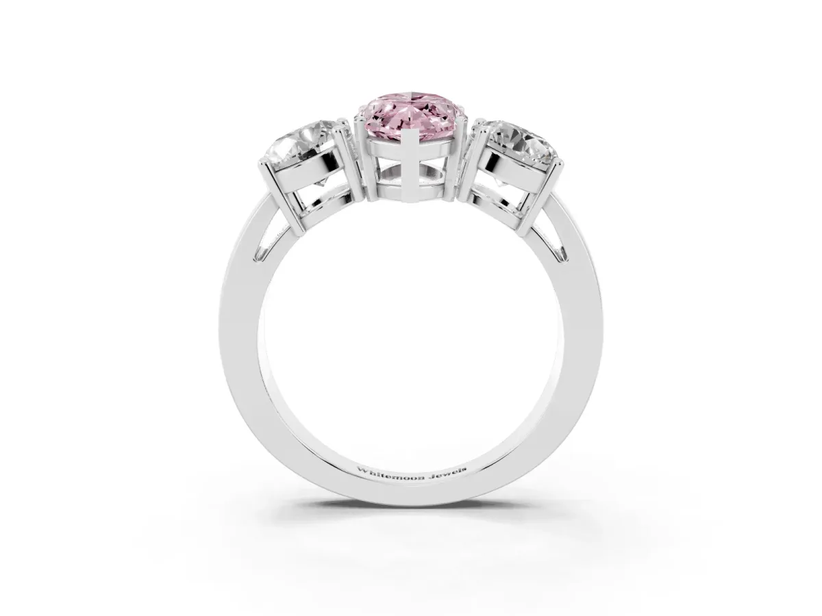 Fancy Pink Three-Stone Marquise Cut Diamond Ring with Round Side Stones, Classic Band, and Four-Prong Setting Platinum