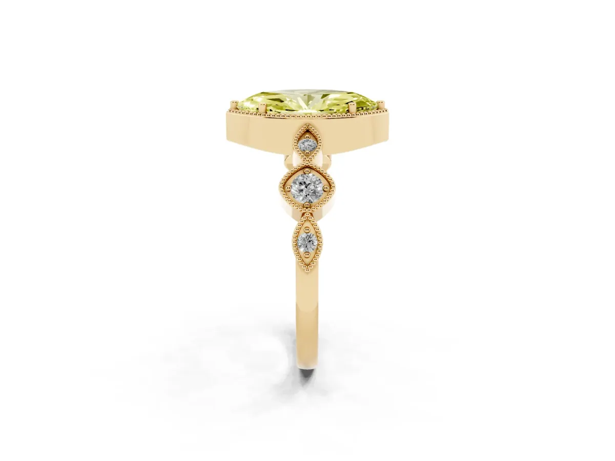 Fancy Yellow Marquise Cut Diamond Vintage Milgrain Ring with Round Stations Yellow gold