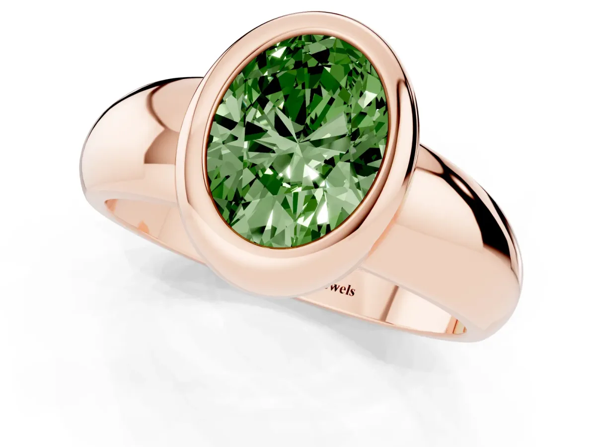 Fancy Green Bezel Set Oval Cut Solitaire Ring with Wide Band Rose gold