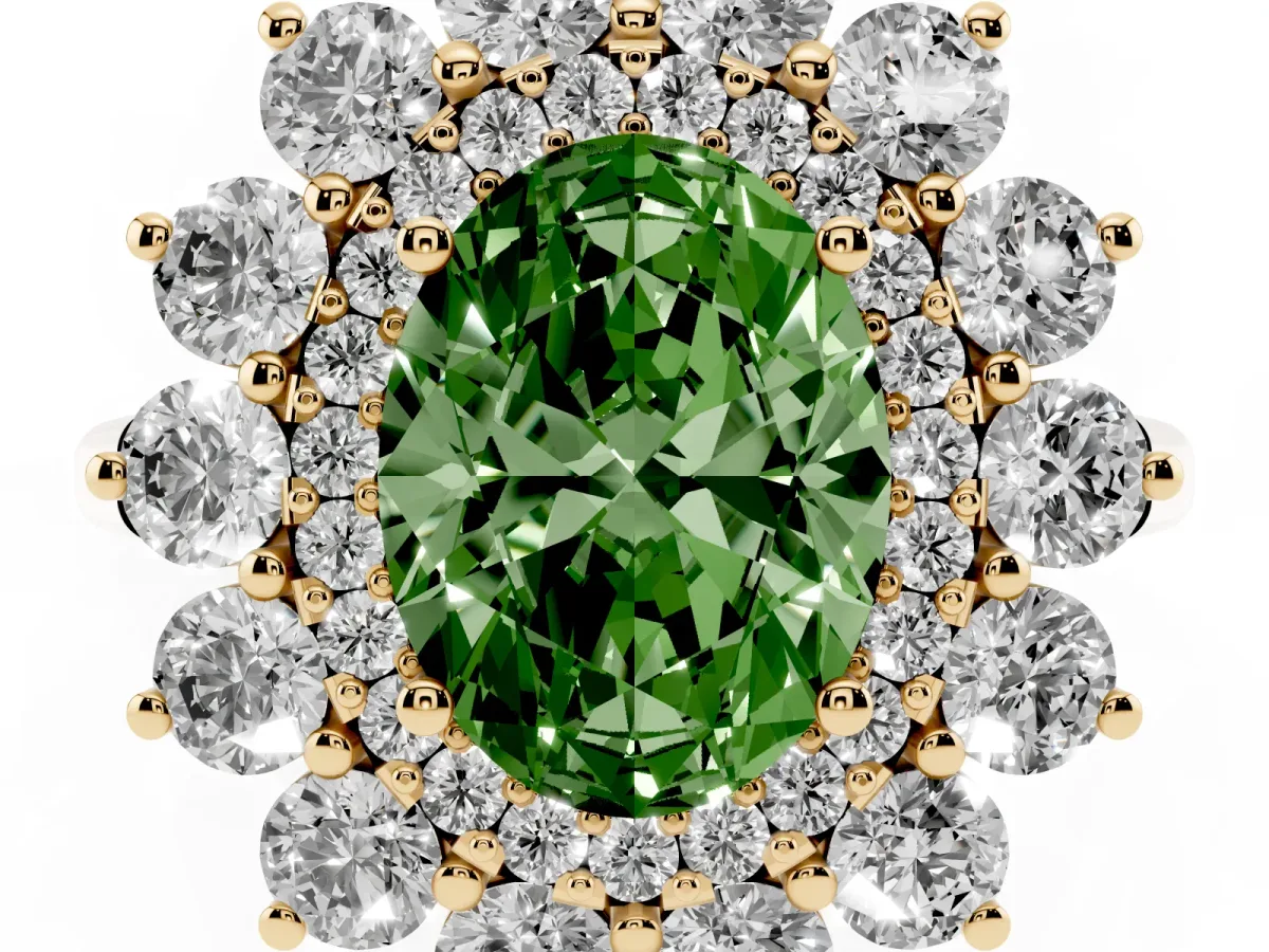 Fancy Green Oval Cut Diamond Floral Double Halo Engagement Ring with Prong Setting Yellow gold