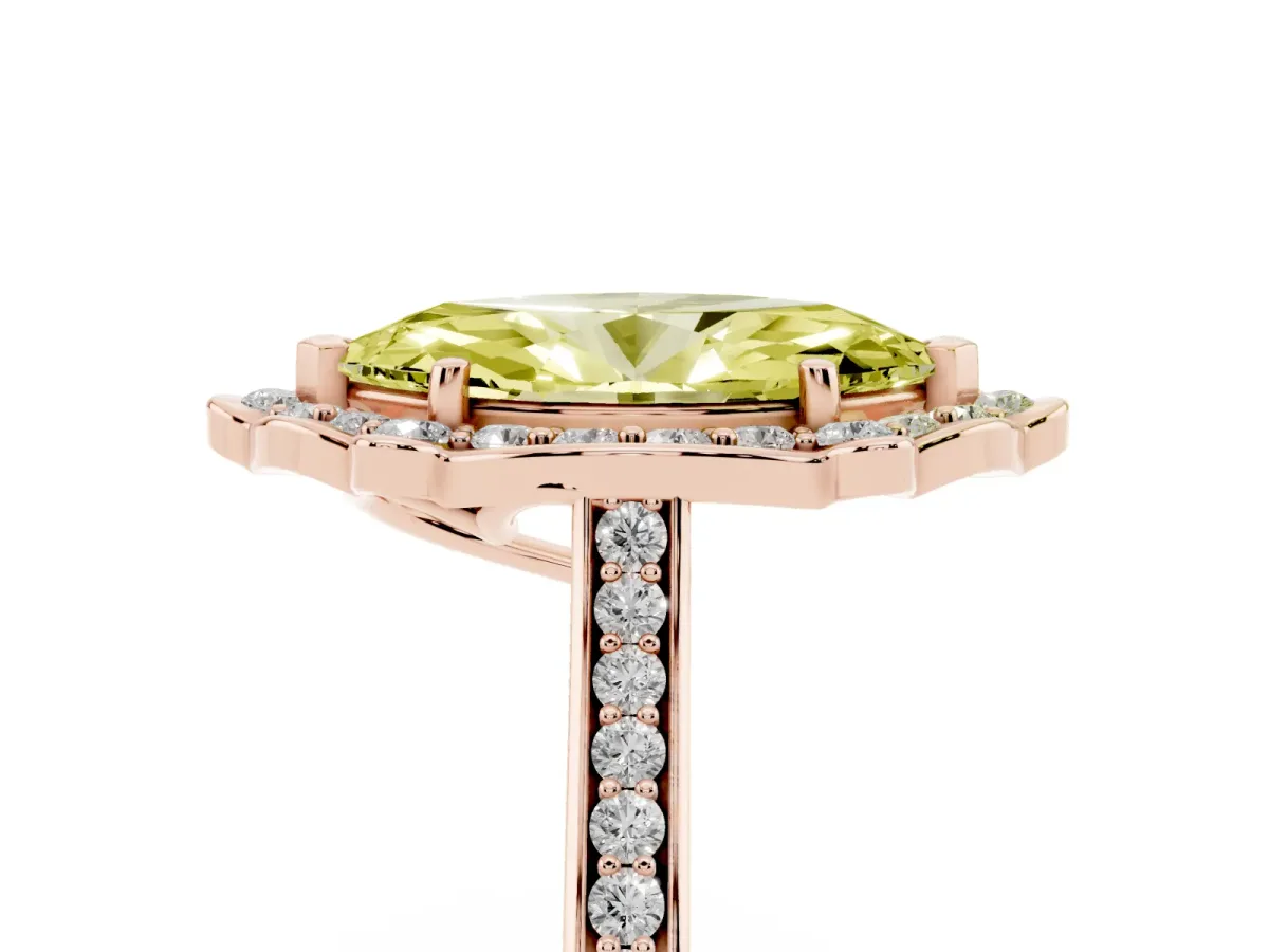 Fancy Yellow Marquise Cut Halo Round Diamond Pave Band with Four-Prong Setting Rose gold