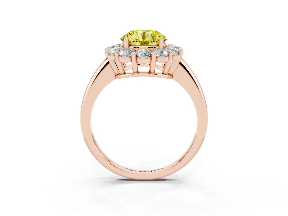 Fancy Yellow Round Cut Halo Cluster Diamond Engagement Ring with Prong Setting and Polished Band Rose gold