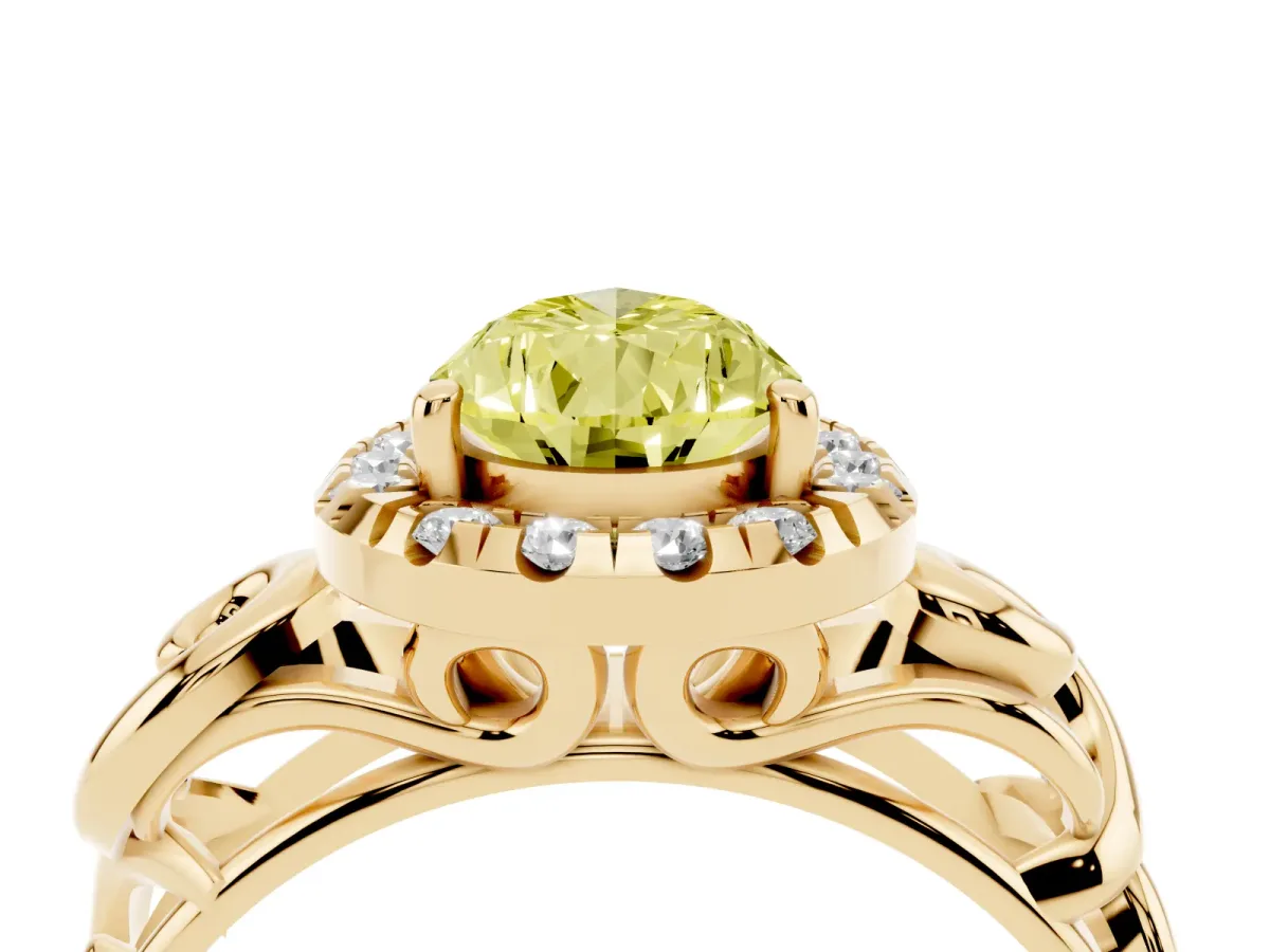 Fancy Yellow Pear Cut Cut Halo Diamond Ring with Scrollwork Band and Four-Prong Setting Yellow gold