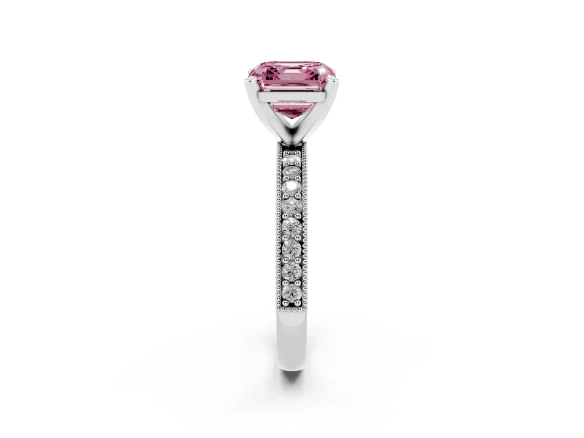Fancy Pink Asscher Cut Diamond Milgrain Pavé Engagement Ring with Four-Prong Setting Silver