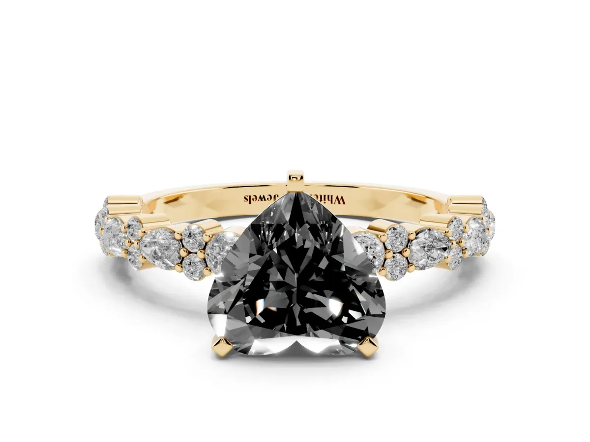 Fancy Black Heart Cut Diamond Side Stone Solitaire Ring with Round and Four-Prong Setting Yellow gold