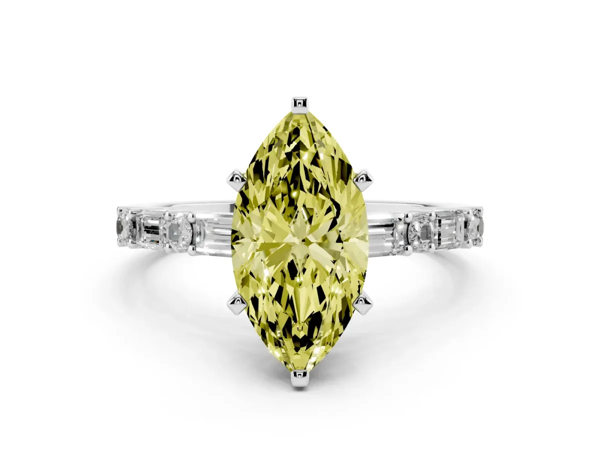 Fancy Yellow Marquise Cut Diamond Solitaire with Side Baguettes and Channel Set Band Platinum
