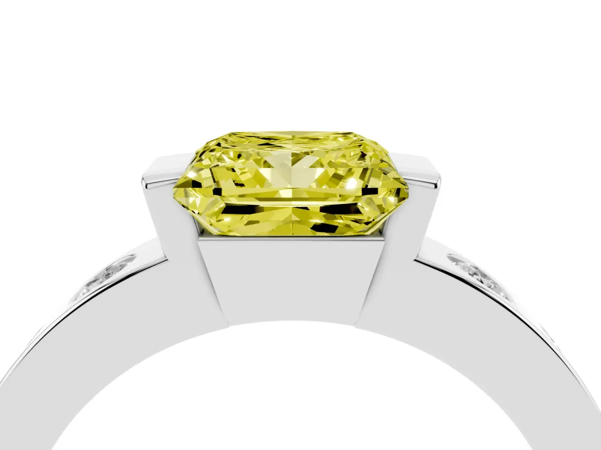 Fancy Yellow Princess Cut Brilliant Channel-Set Diamond Ring with Bezel Prong Setting Silver