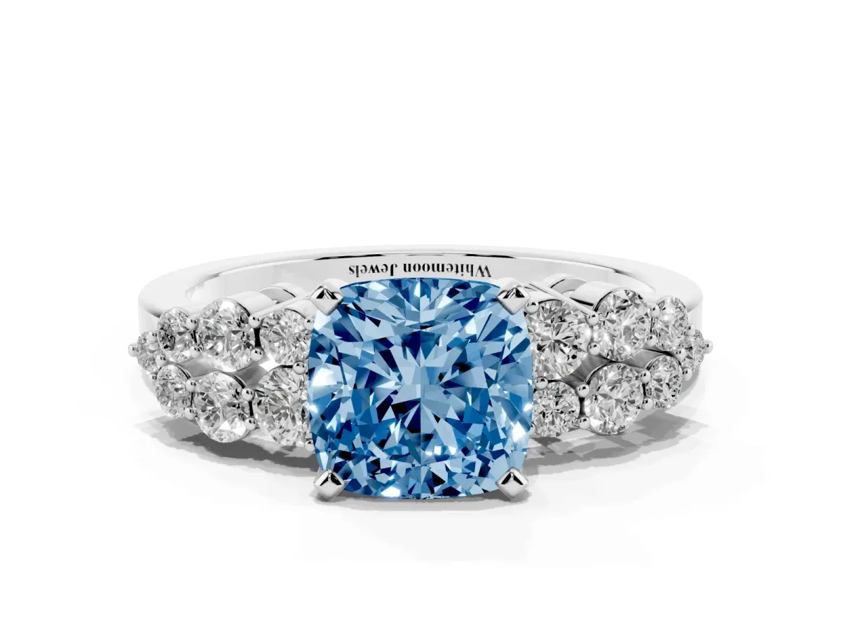 Fancy Blue Cushion Cut Cluster Diamond Engagement Ring with Pavé Band and Four-Prong Setting White gold
