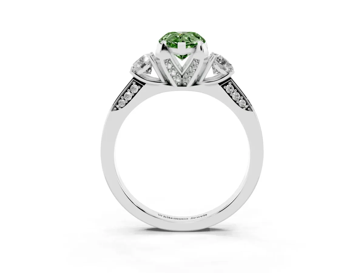 Fancy Green Pear Cut Brilliant Three-Stone Diamond Ring with Pavé Band and Four-Prong Setting Silver