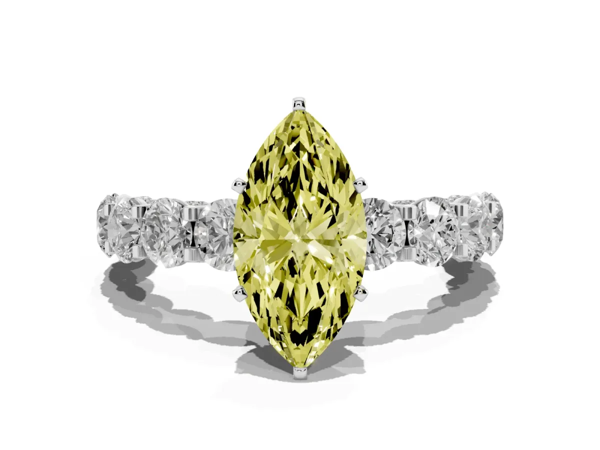 Fancy Yellow Marquise Cut Diamond Side Stone Engagement Ring with Four-Prong Setting Silver