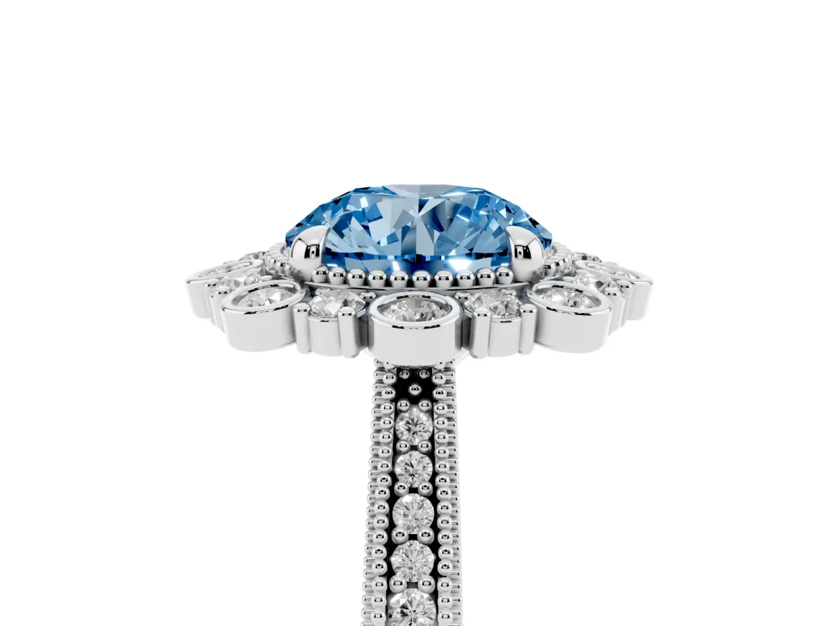 Fancy Blue Round Cut Halo Milgrain Pave Diamond Ring with Four-Prong Setting Platinum