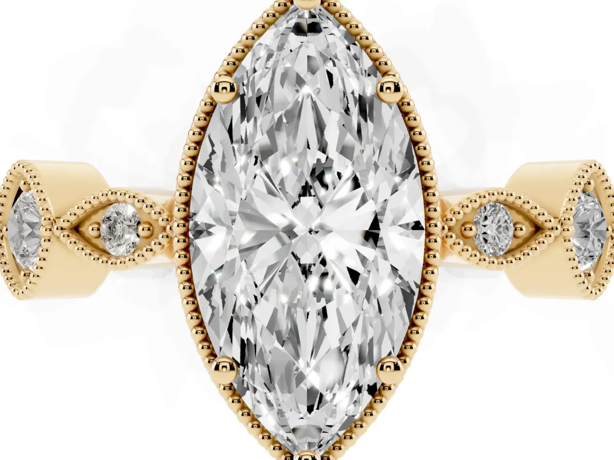 Marquise Cut Diamond Vintage Milgrain Ring with Round Stations Yellow gold