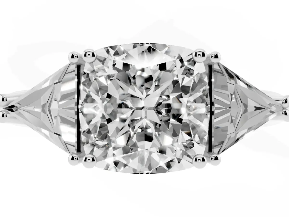 Three-Stone Cushion Cut Diamond Engagement Ring with Trillion Side Stones and Prong Setting Silver
