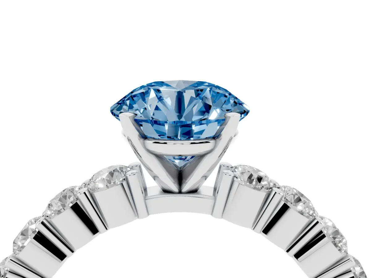 Fancy Blue Round Cut Diamond Solitaire Ring with Shared Prong Round Side Stones Silver