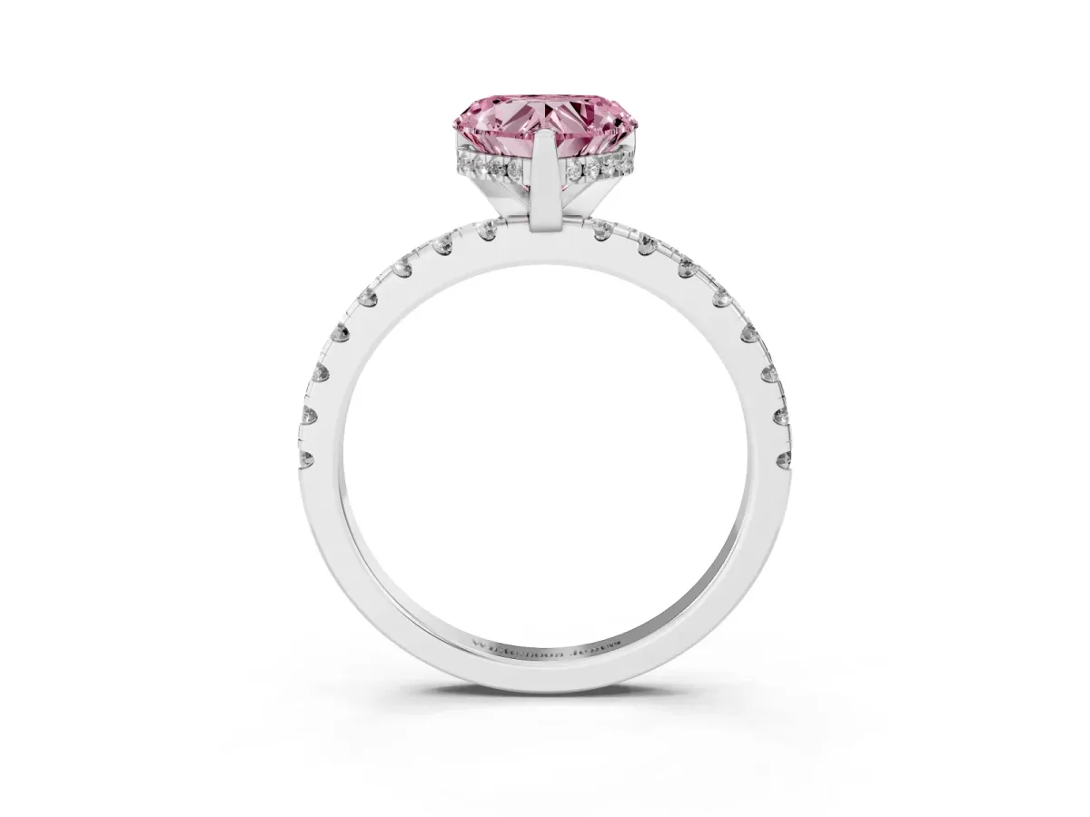 Fancy Pink Heart Cut Diamond Solitaire Ring with Round Pavé Band and Four-Prong Setting Platinum
