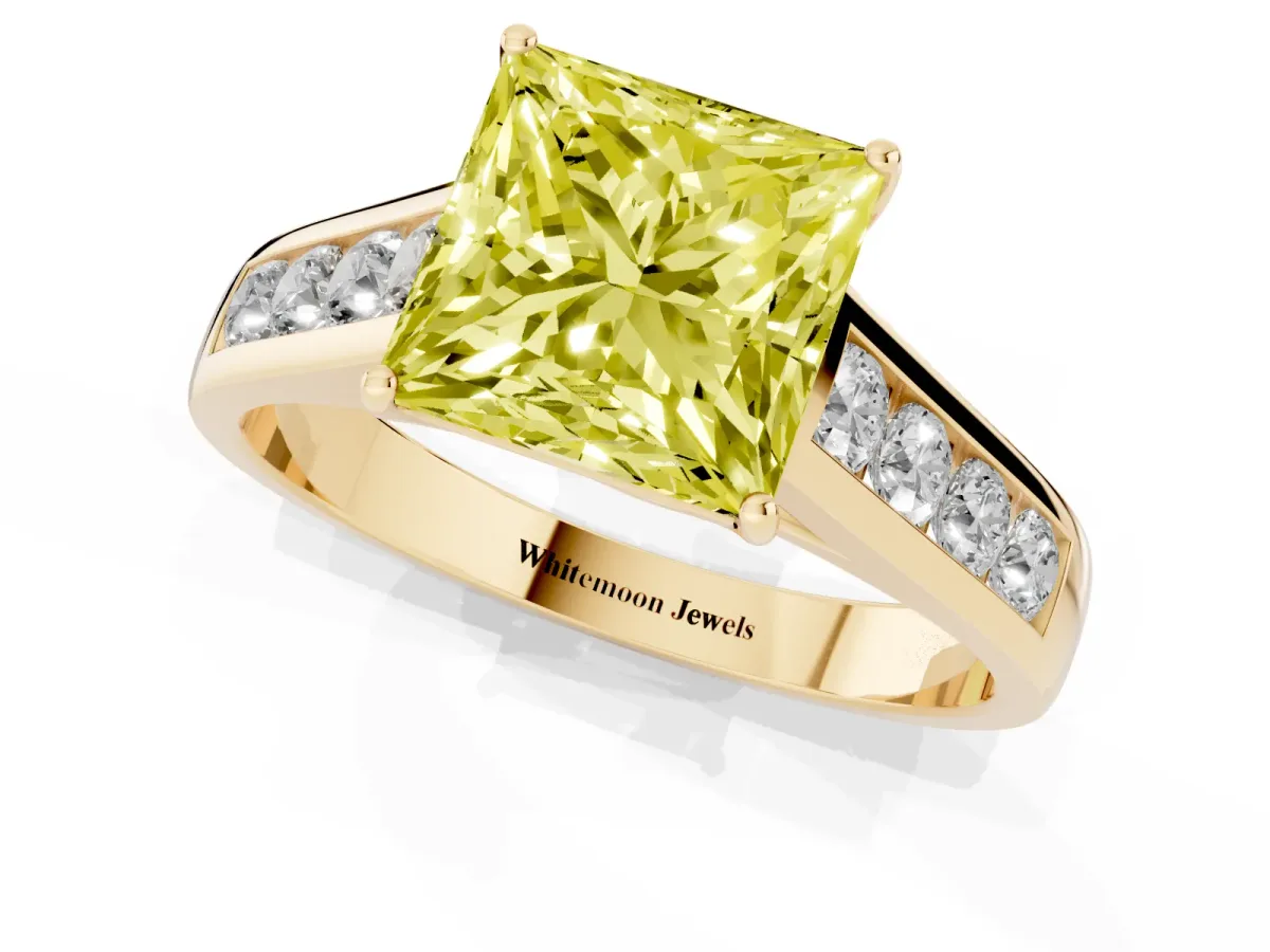 Fancy Yellow Princess Cut Brilliant Channel-Set Solitaire Ring with Four-Prong Setting Yellow gold