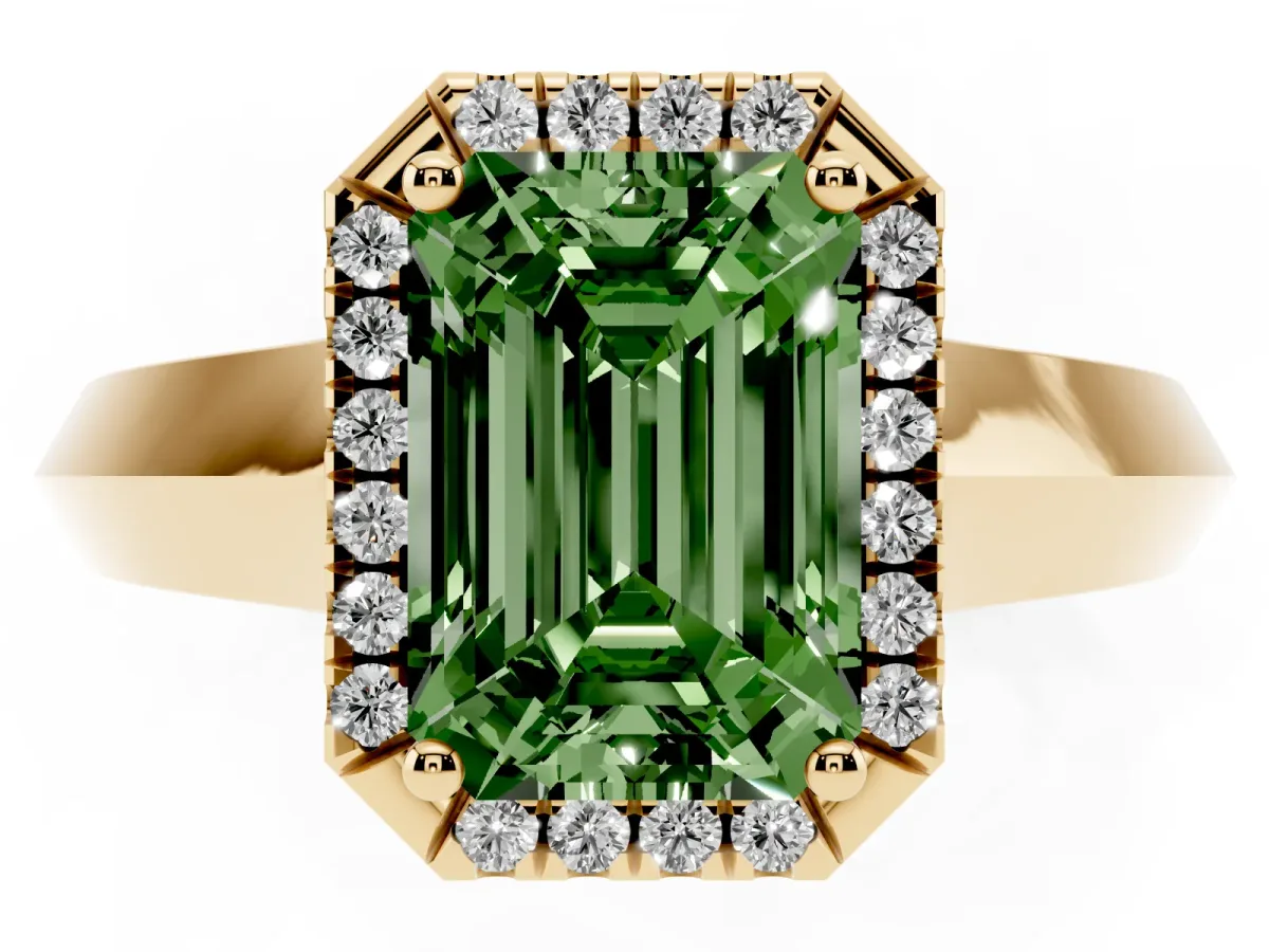 Fancy Green Emerald Cut Halo Diamond Ring with Cathedral Band and Four-Prong Setting Yellow gold