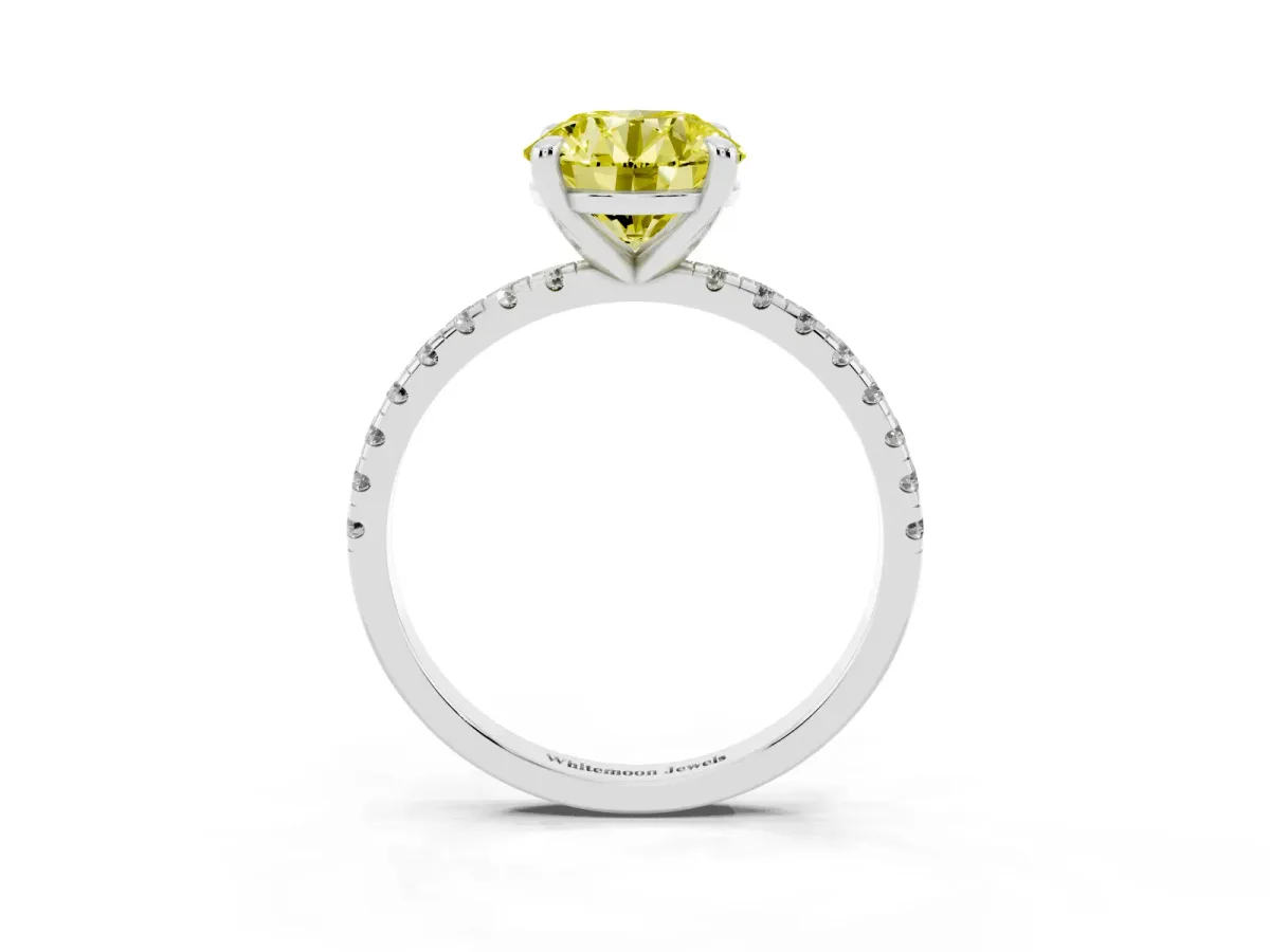 Fancy Yellow Round Cut Diamond Brilliant Solitaire Ring with Pavé Band and Four-Prong Setting White gold