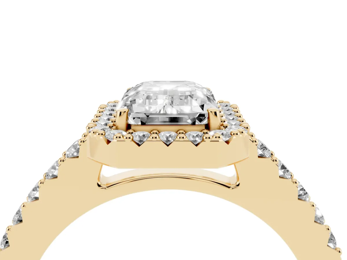 Emerald Cut Halo Diamond Pavé Solitaire Ring Yellow gold