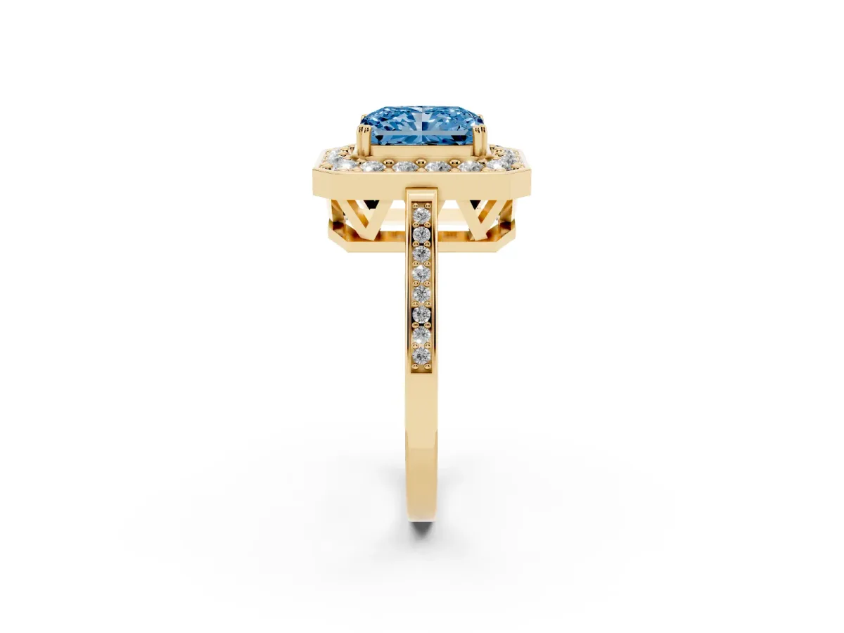 Fancy Blue Radiant Cut Diamond Halo Ring with Split Shank and Four-Prong Setting Yellow gold