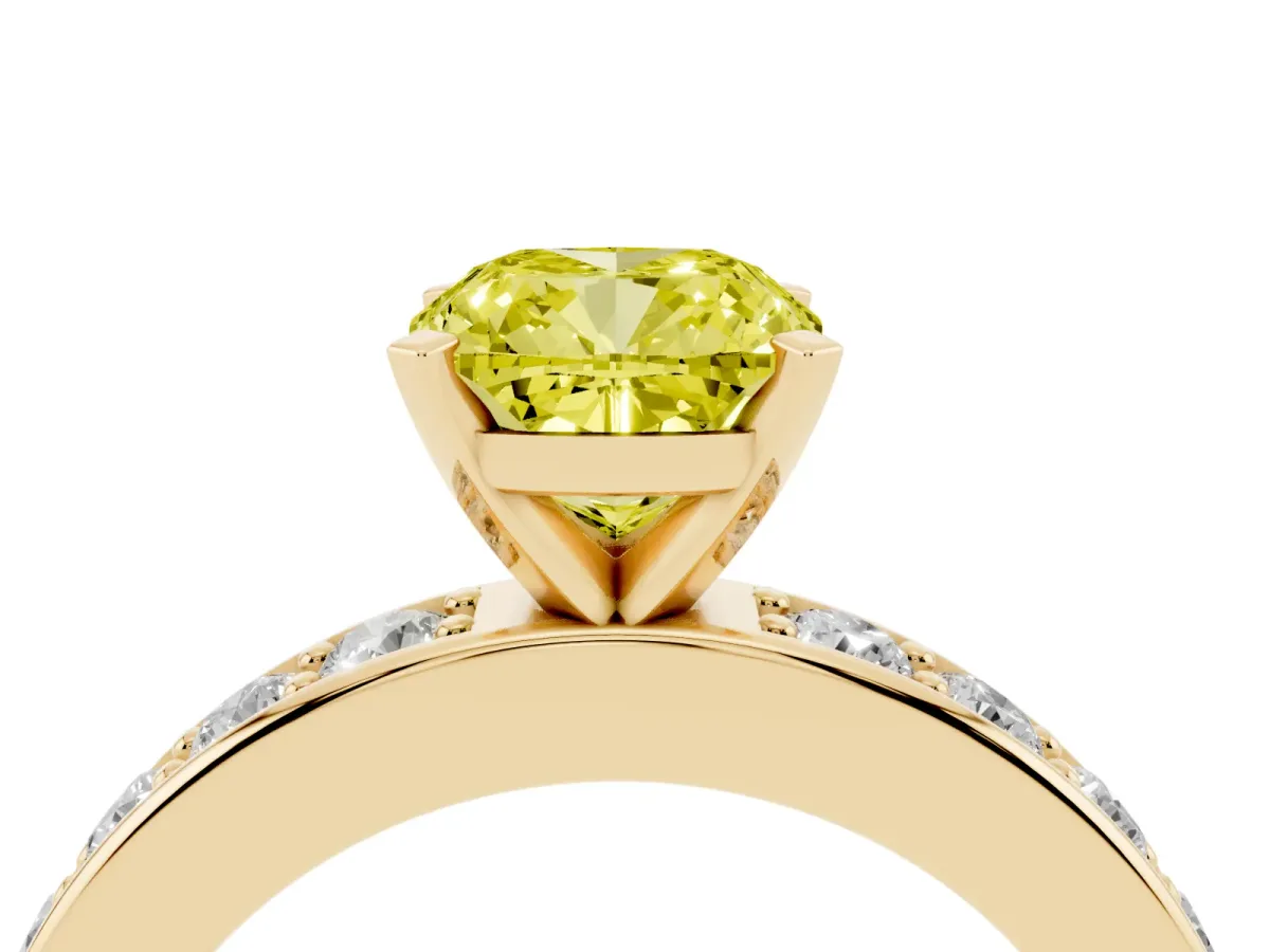 Fancy Yellow Cushion Cut Diamond Engagement Ring with Channel Set Round Band and Prong Setting Yellow gold