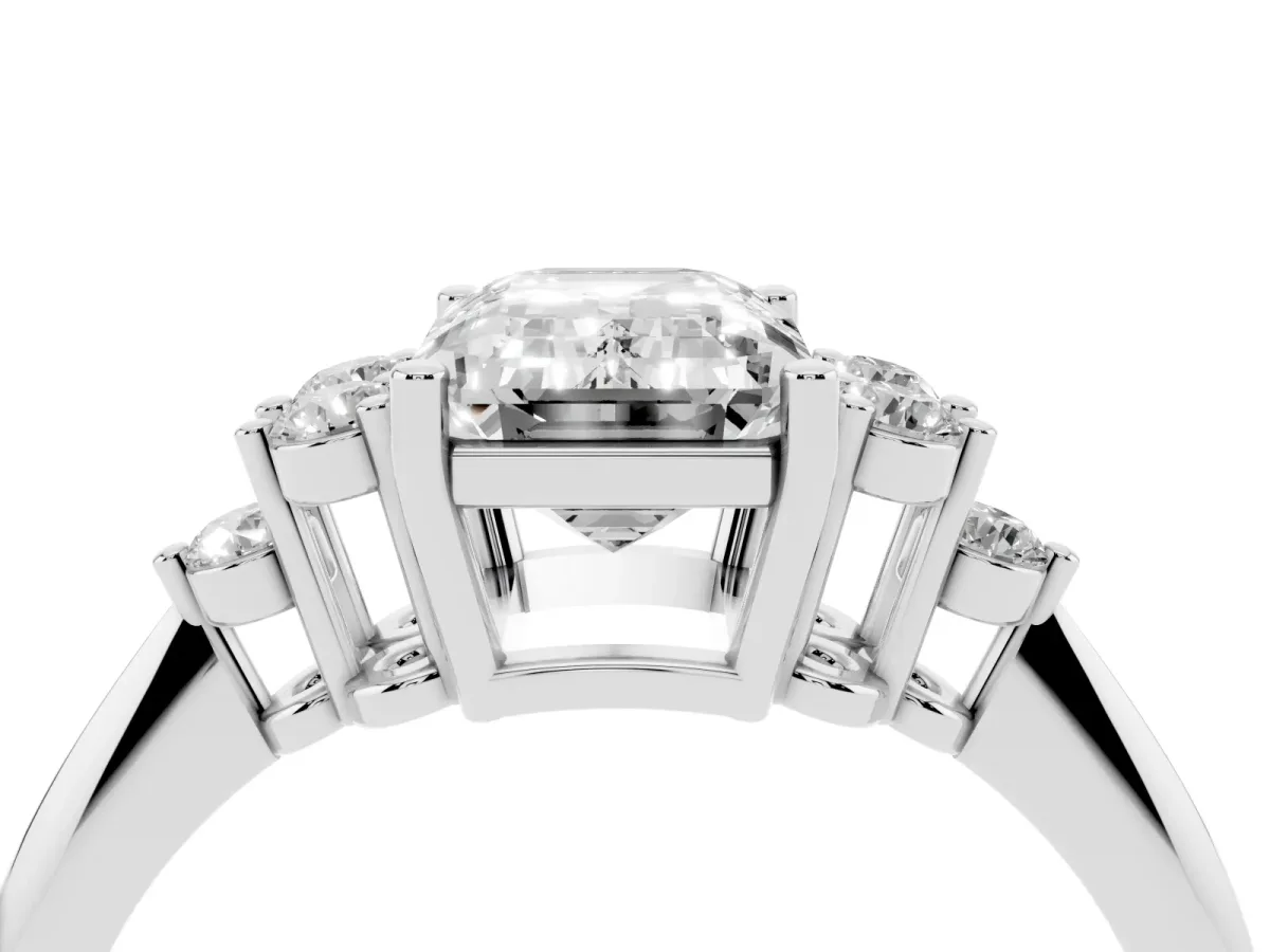 Emerald Cut Cut Diamond Cluster Ring with Solitaire Band and Four-Prong Setting Silver