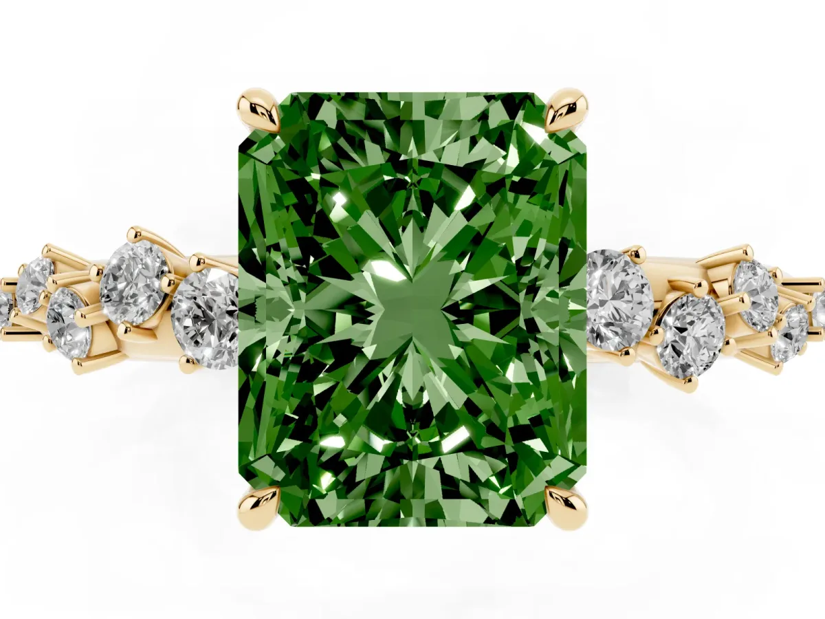 Fancy Green Radiant Cut Diamond Cluster Side Stone Solitaire Ring with Prong Setting Yellow gold