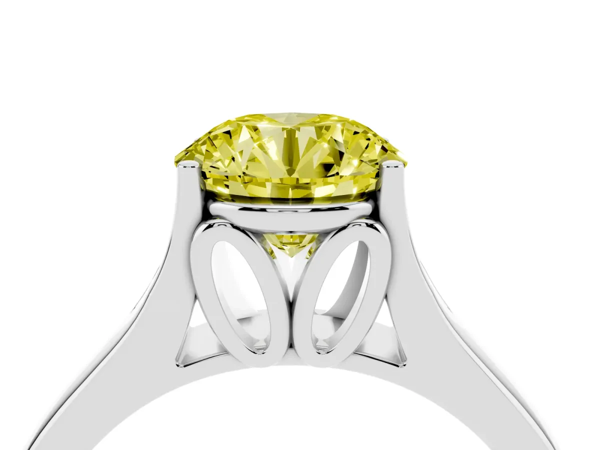 Fancy Yellow Round Cut Solitaire Diamond Ring with Cathedral Band and Four-Prong Setting Platinum