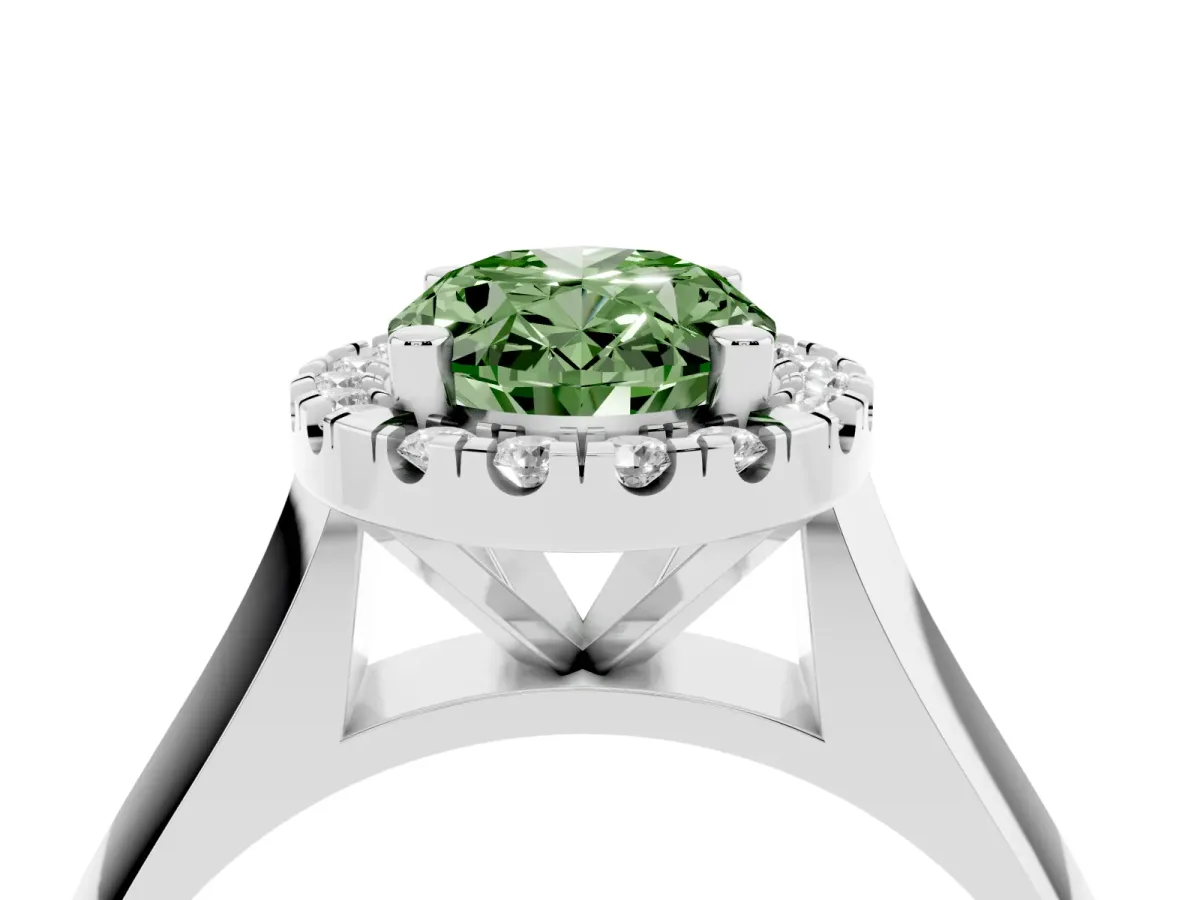 Fancy Green Oval Cut Cut Halo Solitaire Engagement Ring with Square Band and Four-Prong Setting Platinum