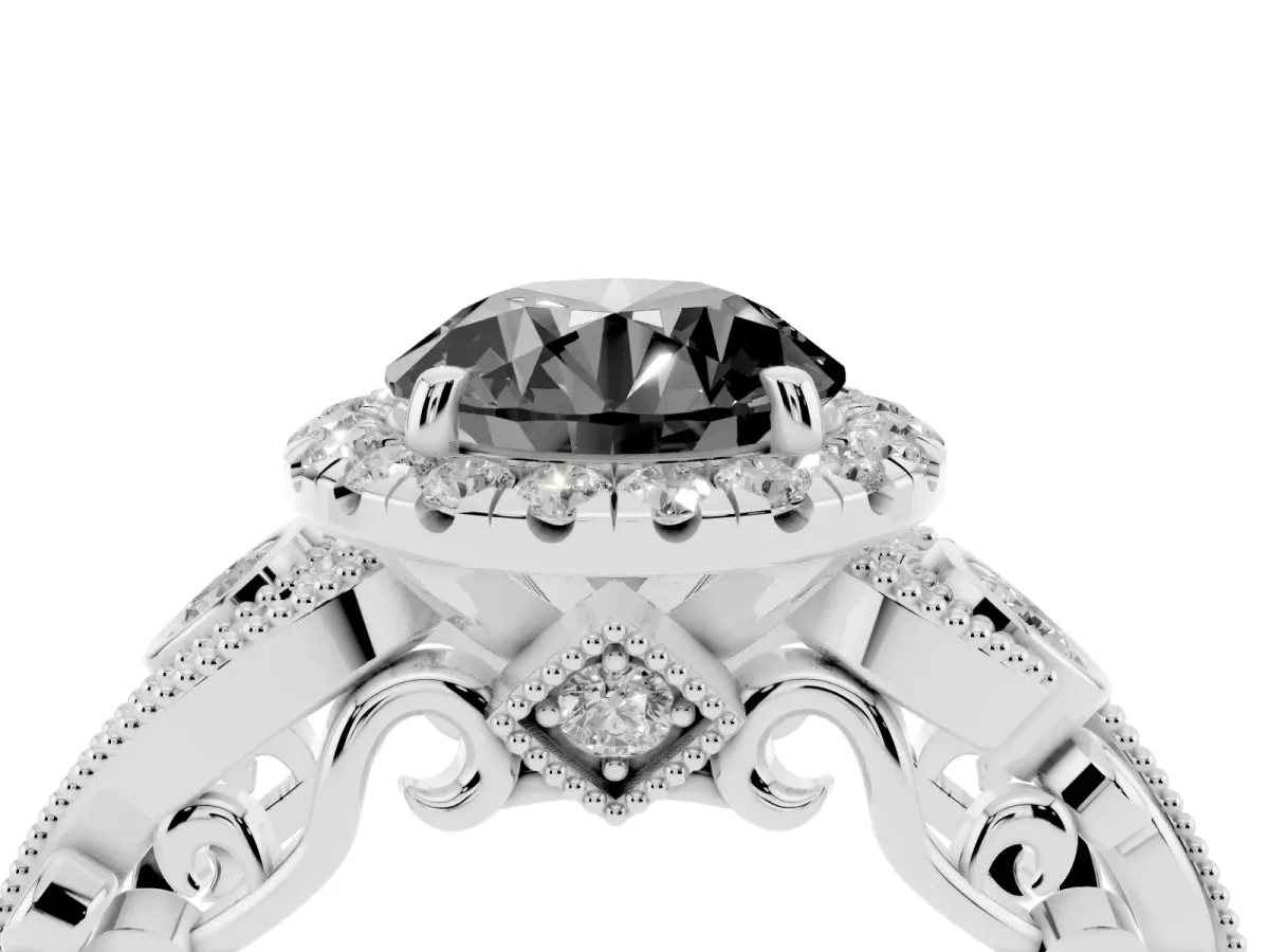 Fancy Black Round Cut Halo Diamond Ring with Milgrain and Bezel Accents on a Split Shank Band Platinum