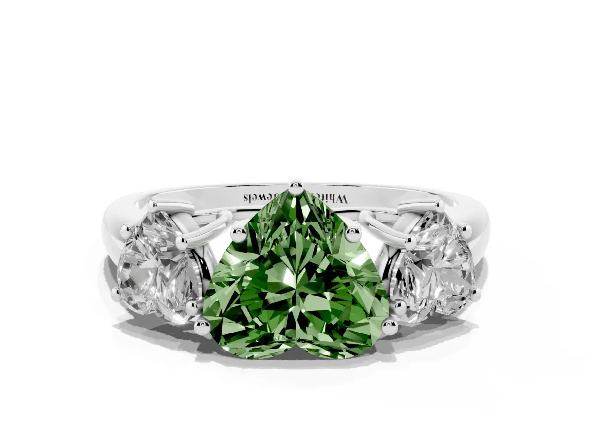 Fancy Green Three-Stone Heart Cut Diamond Engagement Ring with Prong Setting Platinum