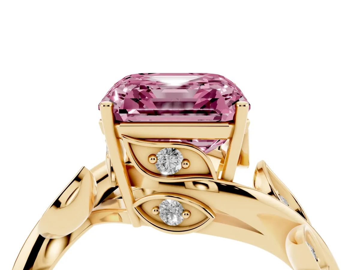 Fancy Pink Asscher Cut Solitaire Twist Engagement Ring with Leaf Accents and Prong Setting Yellow gold