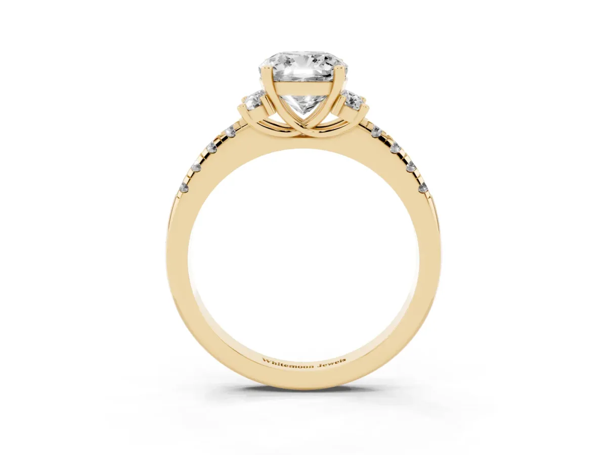 Cushion Cut Diamond Three-Stone Pave Band with Four-Prong Setting Yellow gold