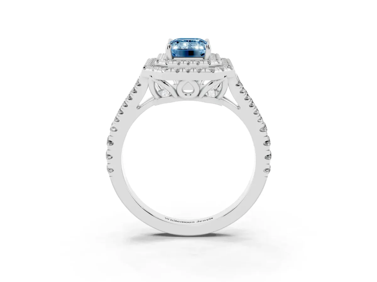 Fancy Blue Emerald Cut Diamond Double Halo Ring with Pavé Band and Prong Setting Silver
