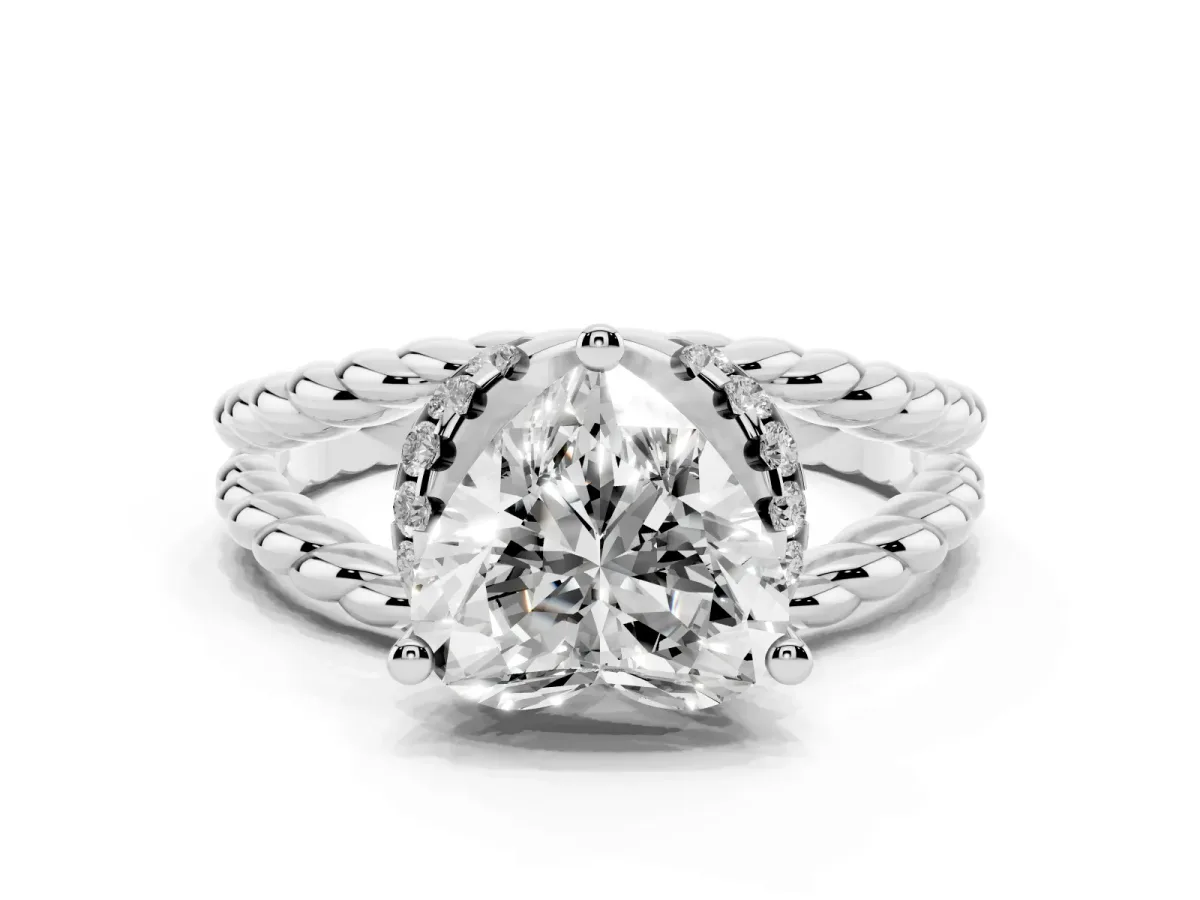 Heart Cut Halo Twisted Band Four-Prong Ring Silver