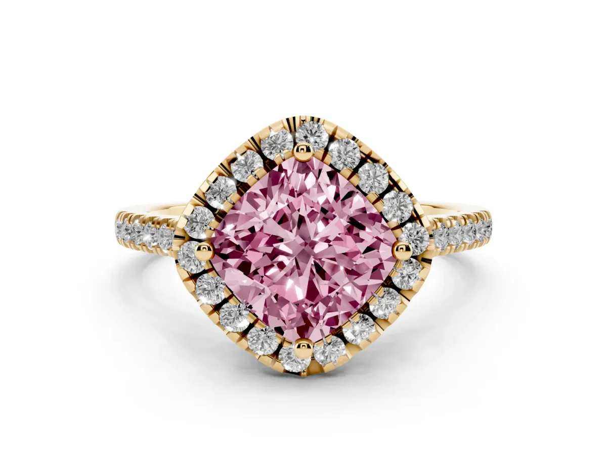 Fancy Pink Cushion Cut Diamond Cushion Halo Ring with Pavé Band Yellow gold