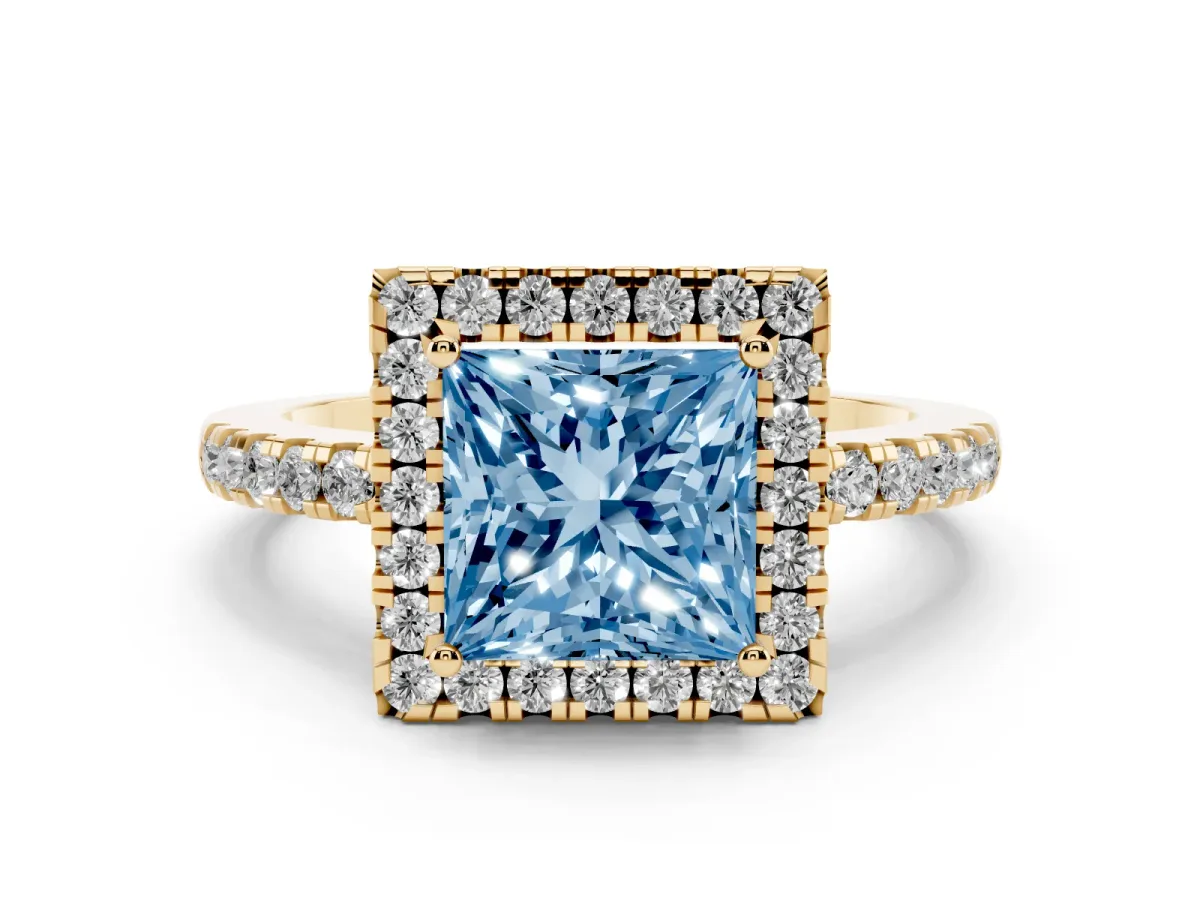 Fancy Blue Princess Cut Halo Diamond Engagement Ring with Pavé Band and Four-Prong Setting Yellow gold