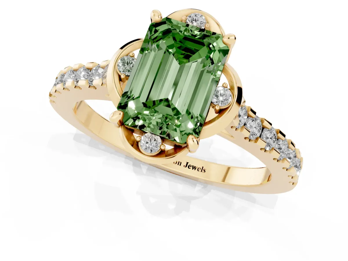 Fancy Green Emerald Cut Diamond Ring with Pavé Band and Floral Prong Setting Yellow gold