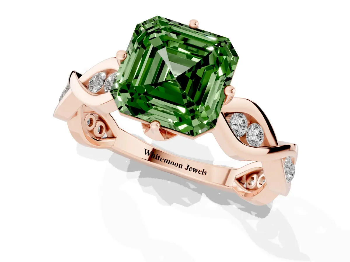 Fancy Green Asscher Cut Solitaire Twist Band with Leaf Prong Setting Rose gold